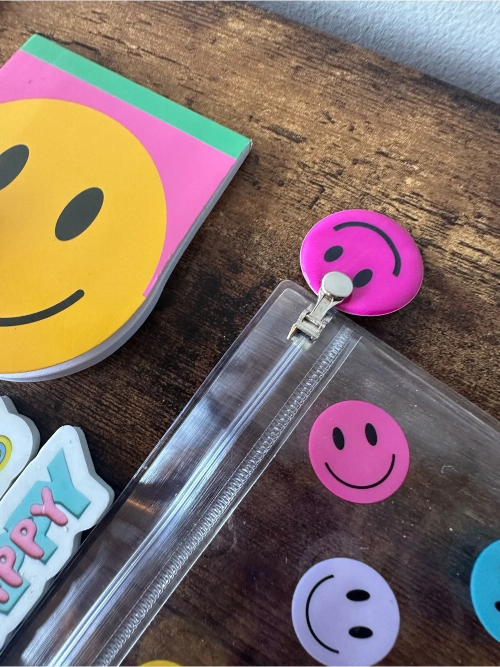 Two Zipper Pencil Pouches One Cherry & One Smiley Themed Pens Notepads Stickers